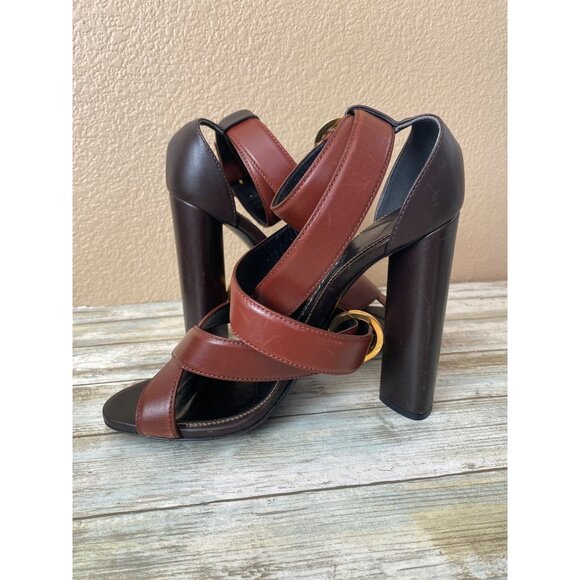 Tom Ford Brown Leather Strappy Block Heel Sandals Sz 39 Made in Italy - Picture 15 of 15